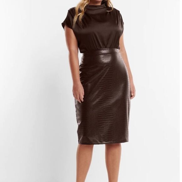 Draped Mock Neck Faux Leather Midi Dress - Picture 1 of 2